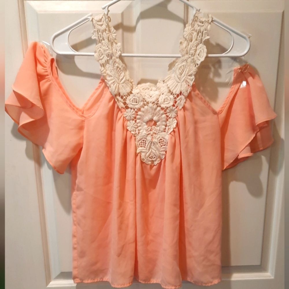 Jealous Tomato Womans Blouse Small Peach Cold Shoulder Lace Party Festival